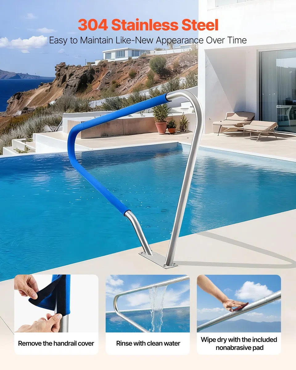 VEVOR Barandilla para Piscina, Carga de 100 kg, Acero Inoxidable 304, Cubierta Antideslizante Extraíble, Amplia Gama de Accesorios, para Piscinas, Parques Acuáticos y Spas, 1220 x 100 x 915 mm