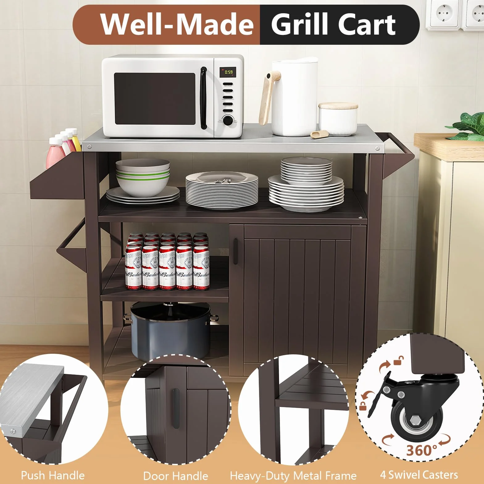 KOMFOTTEU Carro de Barbacoa con 3 Estantes y 4 Ruedas, Carrito Auxiliar con Encimera de Acero Inoxidable, Carro para Parrilla con Especiero y Toallero, Carrito de Servicio para Camping, Picnic