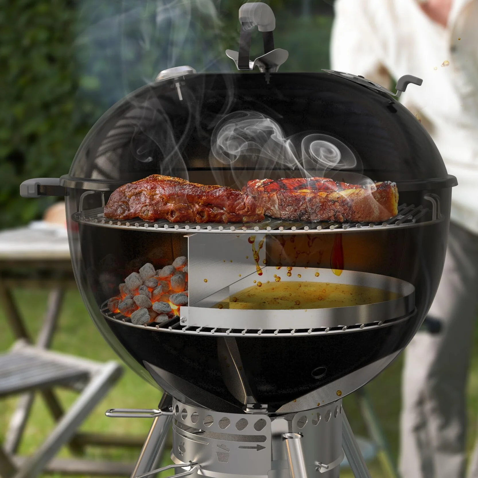 onlyfire Bandeja Recogegotas Semicircular con Separador de Carbón Extraíble para Parrilla de Carbón Weber 57 cm Kettle, Bandeja Recogegrasa de Acero Inoxidable, Calor Indirecto