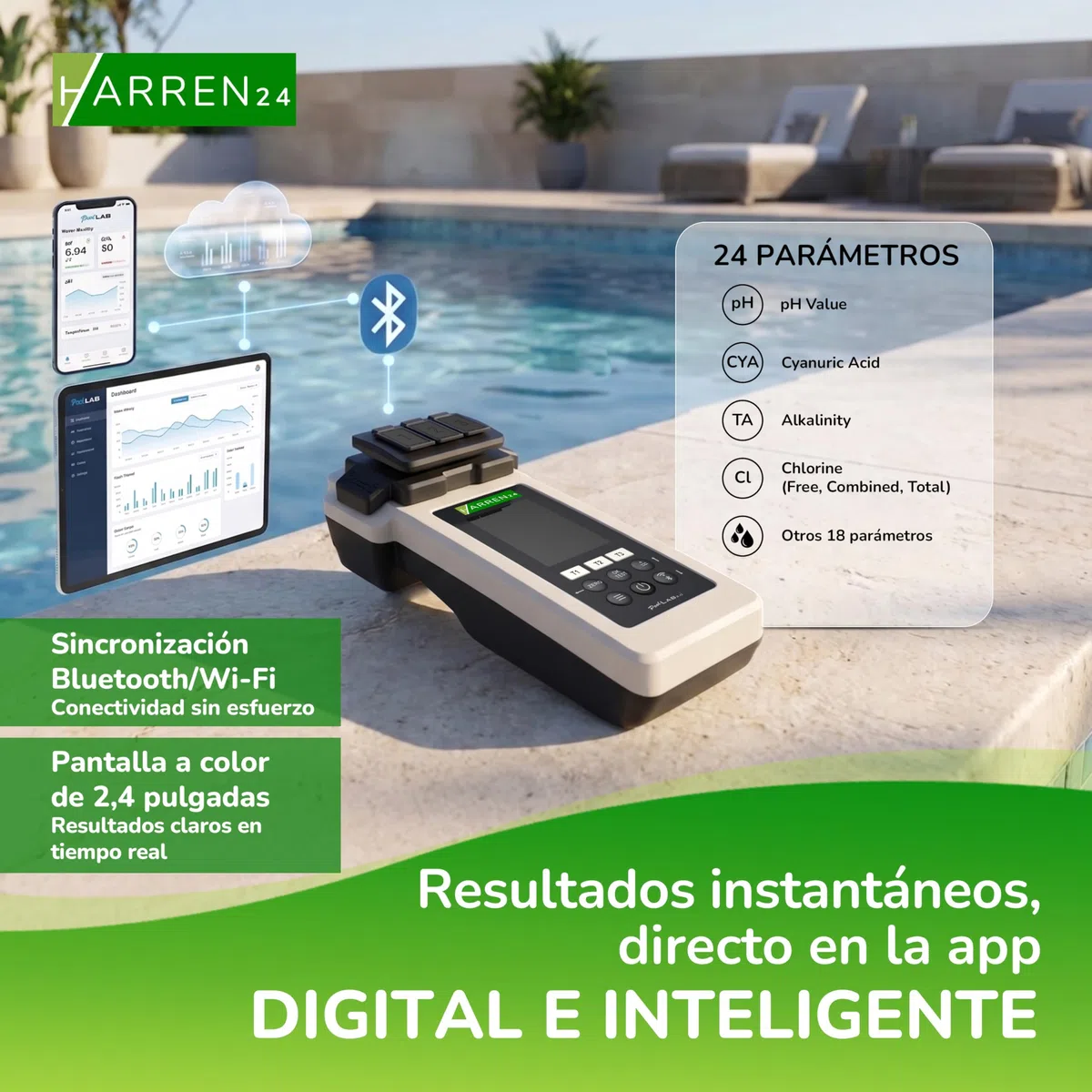 PoolLAB 2.0 Special Edition - Comprobador de agua electrónico (fotómetro) para piscina, Bluetooth, incluye 70 + 100 pastillas de prueba, mezcla de relleno cloro pH Phenol rojo ácido cianúrico