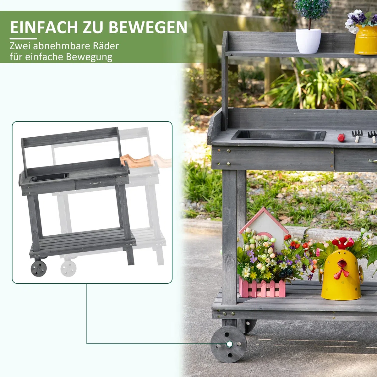 Outsunny Mesa de jardín con cajón de 2 Niveles, con Lavabo y Ruedas, Madera de Abeto Gris, 92 x 45 x 119 cm