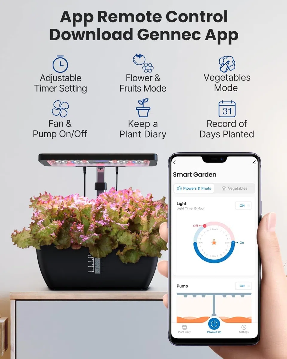 iDOO Smart Garden, Sistema de Cultivo Hidropónico con WiFi, Tanque de Agua de 6.5 L, Lámpara LED de Planta, Ventilador, 12 Vainas Huerto Interior, Altura Ajustable Jardín WiFi Inteligente