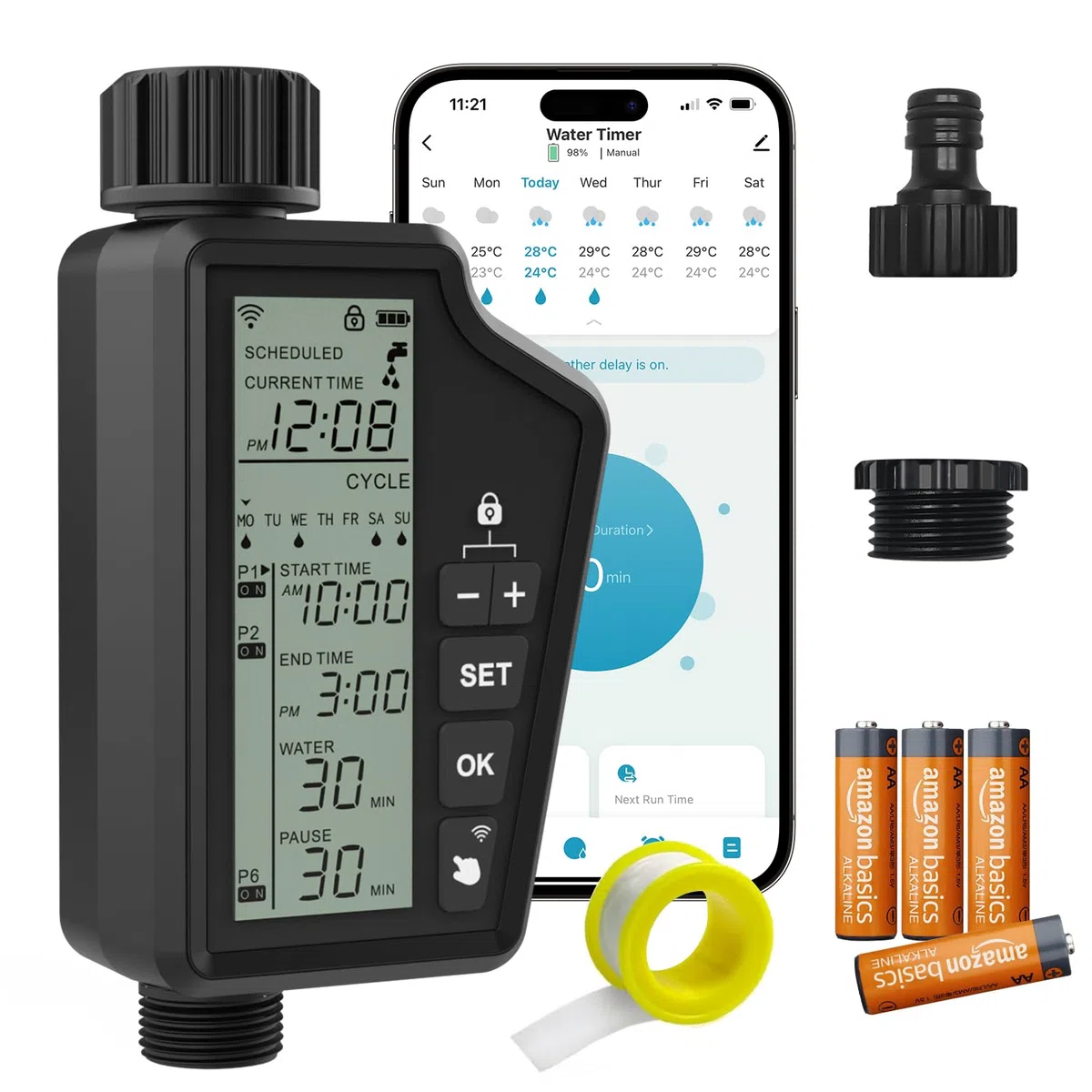 MIUCDA Programador Riego Inteligente WiFi, Pantalla LCD Grande, para Grifo 1/2" y 3/4", Riego automático programado, Ordenador de riego Compatible con Alexa y Google Home, Control por Voz y App