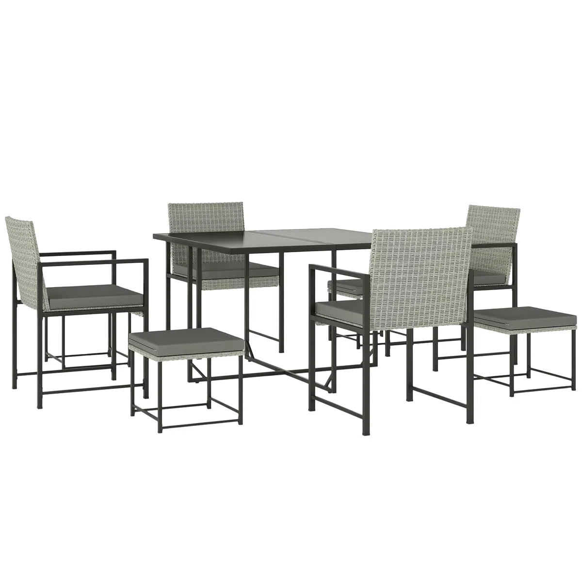 Outsunny Conjunto de Muebles de Jardín Exterior de Ratán de 9 Piezas Conjunto de Jardin Exterior de Ratán Sintético con Mesa con Vidrio Templado 4 Sillas 4 Taburetes Impermeables Cojines Gris
