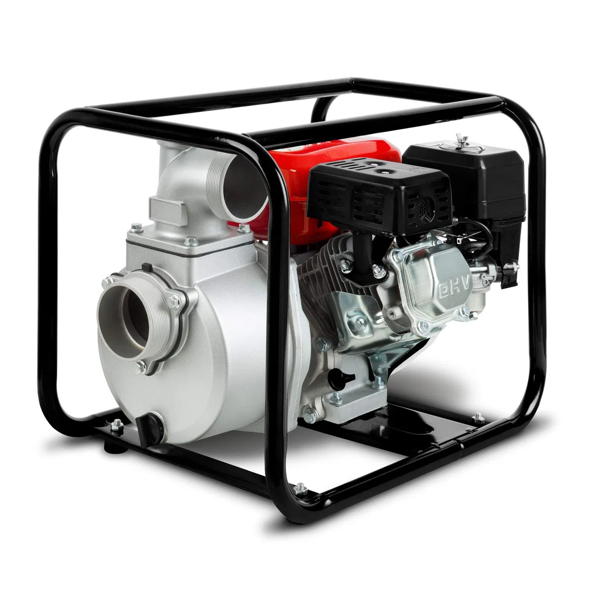 EBERTH Motobomba de agua a gasolina, motor de 4T y 6,5CV, caudal de 60.000l/h, conexión de 3 pulgadas, altura de aspiración de 7m y de impulsión de 30m, arranque por cable y con base metálica
