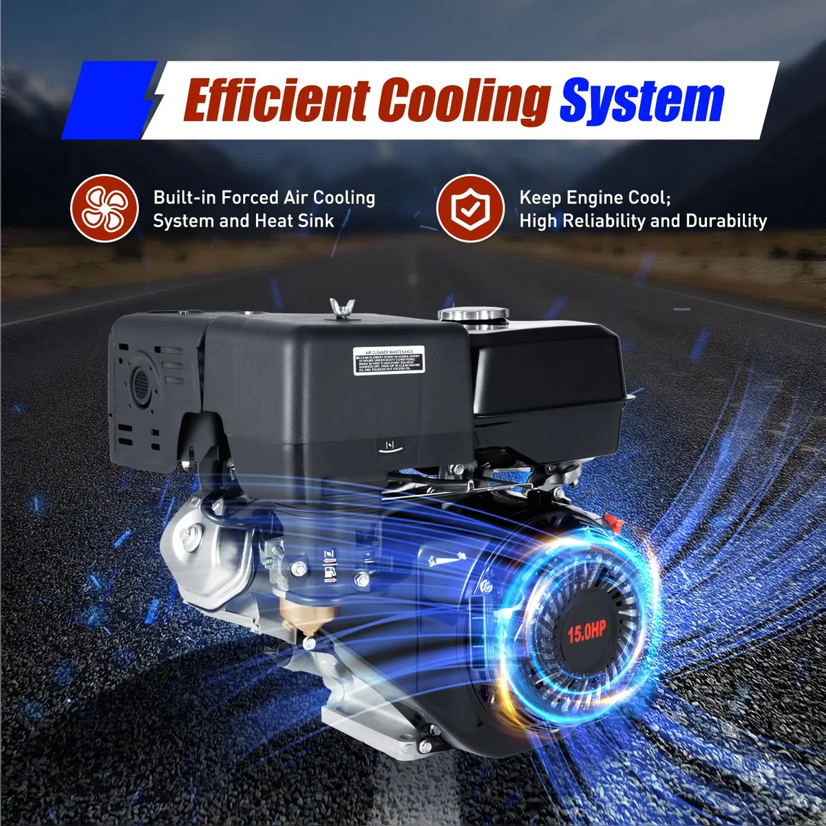 Motor de gasolina de 15 CV, motor de 4 tiempos, 420 cc, con arranque por cable, motor de gasolina de 3600 rpm, 9700 W, bajo consumo de combustible para dispositivos agrícolas, Home Backup (12,9 x 16,1