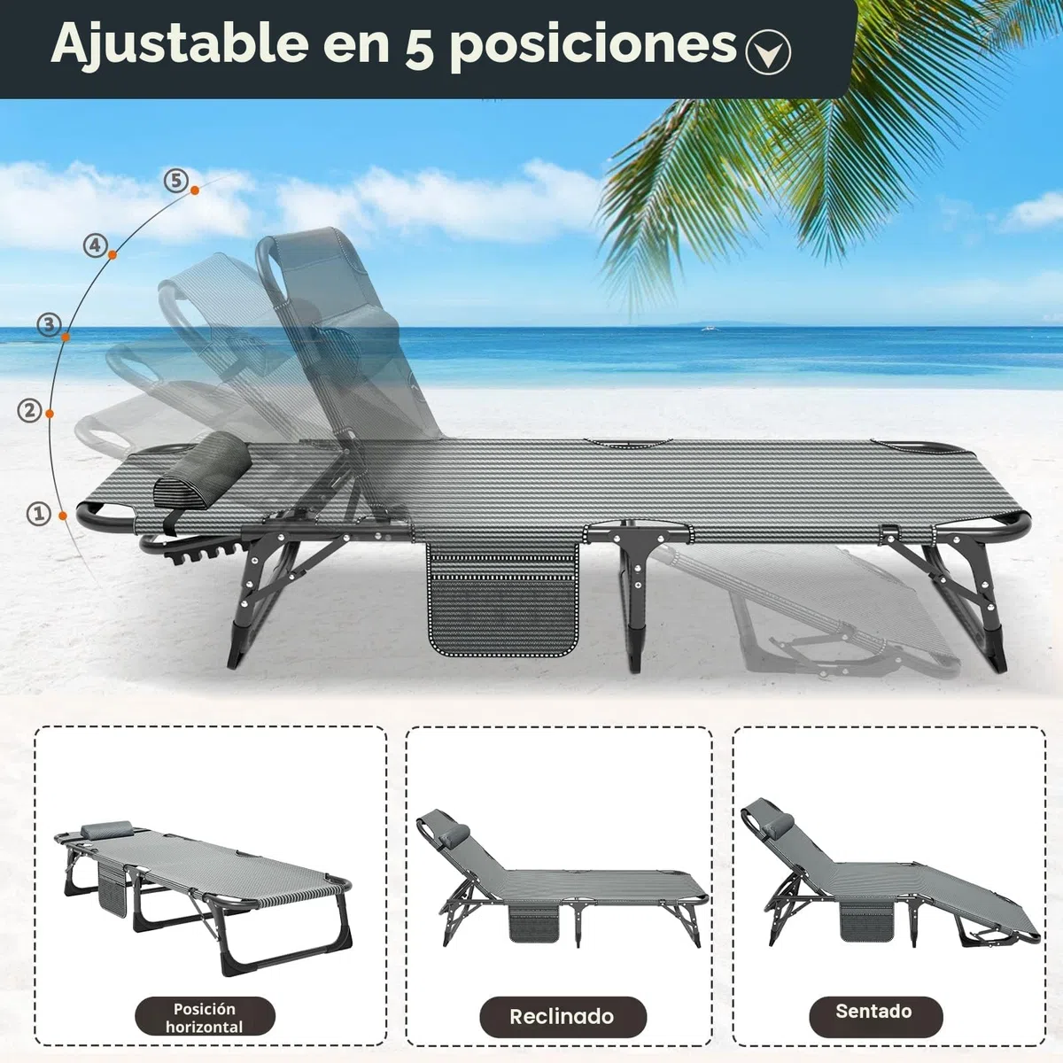 MOPHOTO - Tumbona plegable de 5 posiciones, portátil, para exterior, perfecta para piscina, playa, patio, baño de sol