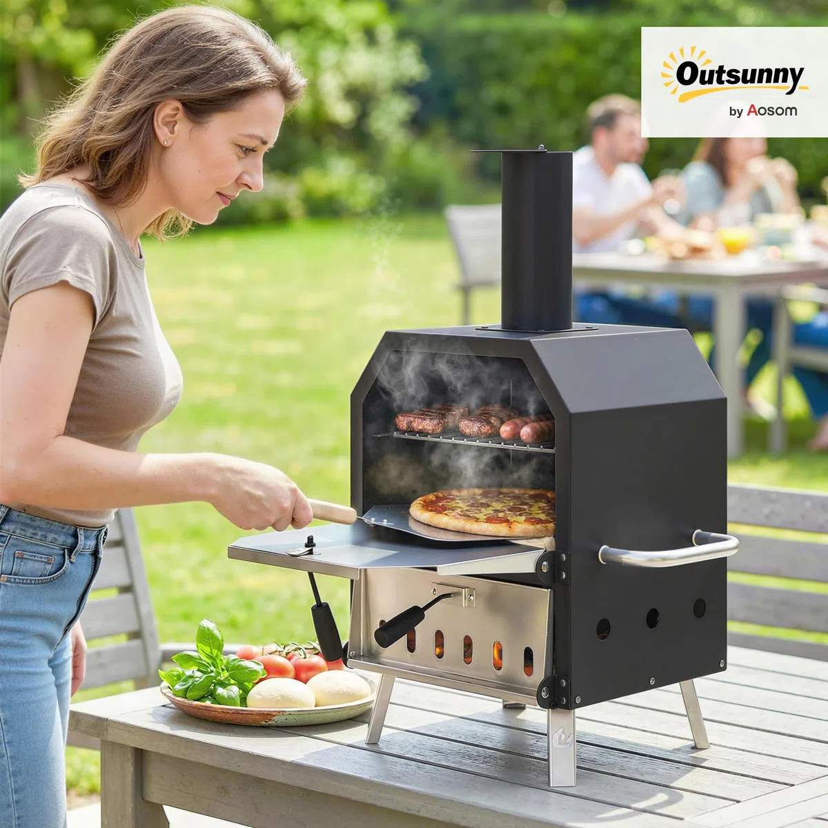 Outsunny Horno de pizza para exteriores de madera, horno de acero inoxidable, 2 niveles, con piedra de 1 cm de grosor, apertura de aire, pata plegable, pala para pizza, asa, estufa de leña, estufa de