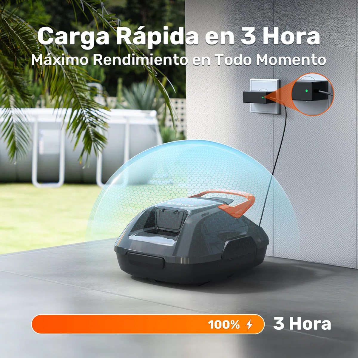 Gosvor (Nuovo 2026) Robot limpiafondos Piscina Sin Cables - Autonomía 90 Min, Autoestacionamiento,para Piscinas hasta 80m², Filtro 180 Micras, Limpiafondos Automático Inalámbrico,Gris-Naranja