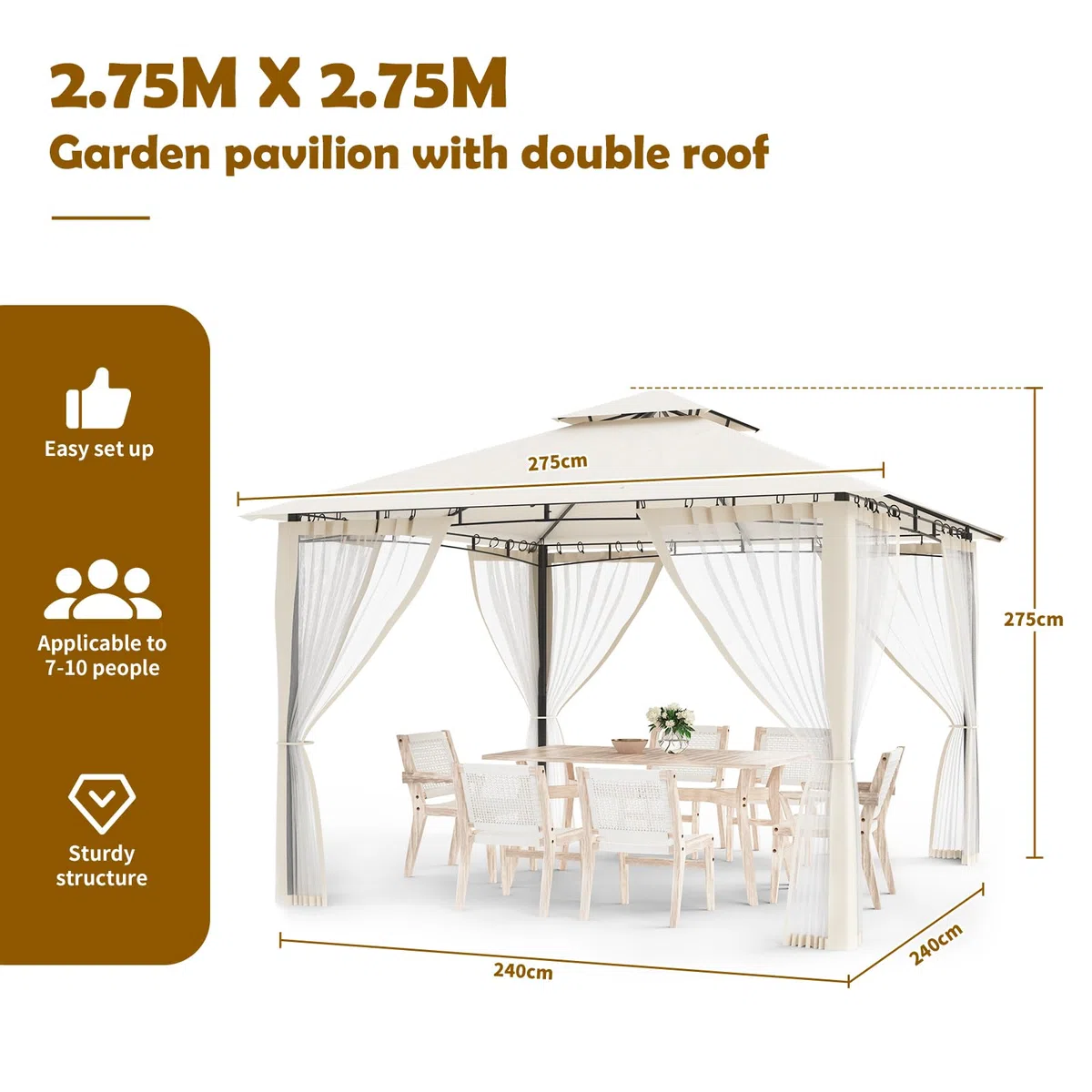 Amopatio Cenador de Jardín, 2.75x2.75m, Doble Techo Impermeable con Mosquitera Incluida - Pergola Exterior de Metal para Fiestas, cenador de Metal para Piscina,Beige