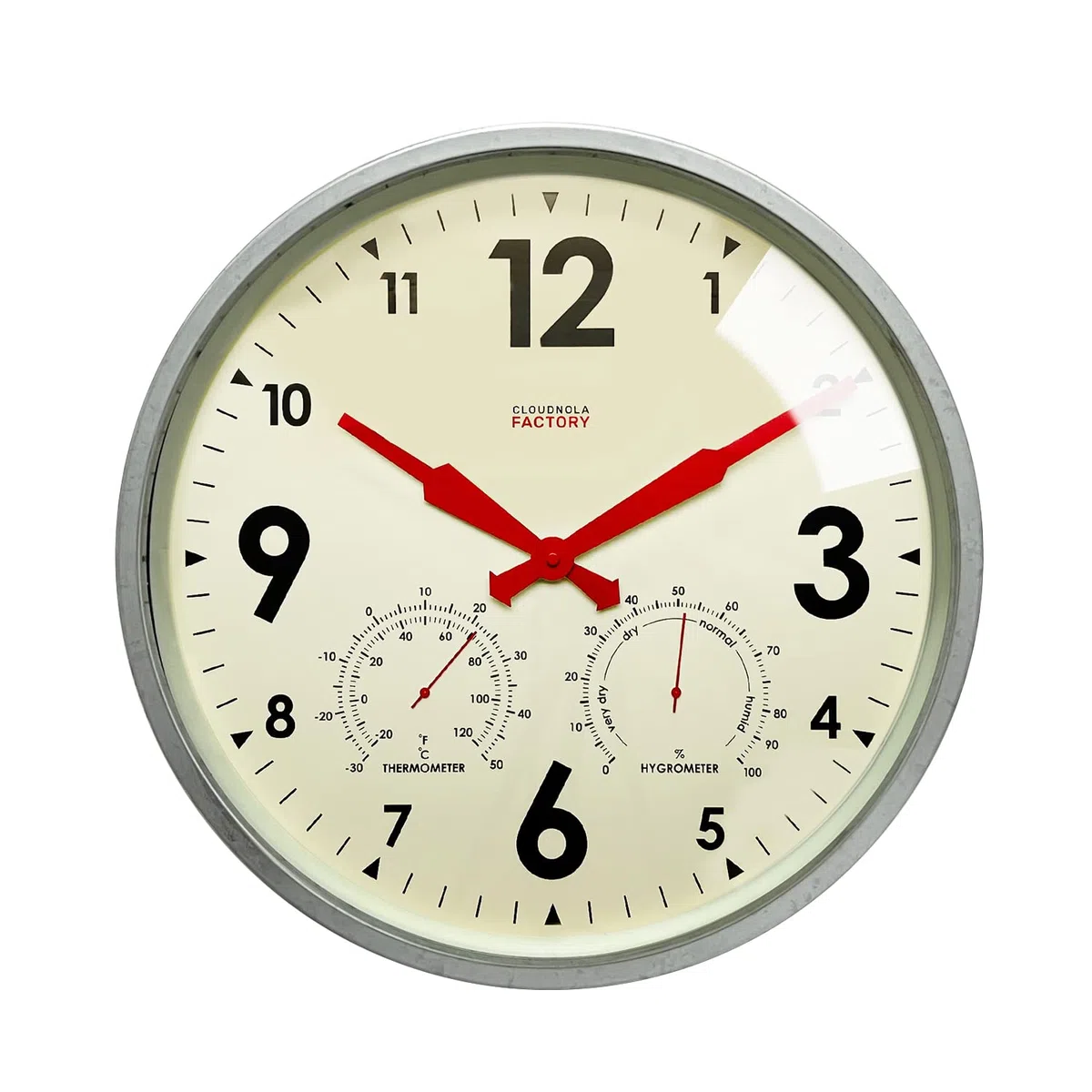 Cloudnola Reloj de pared de metal impermeable para interiores y exteriores con termómetro e higrómetro, gris zinc, reloj redondo silencioso de 18 pulgadas, funciona con pilas, para patio