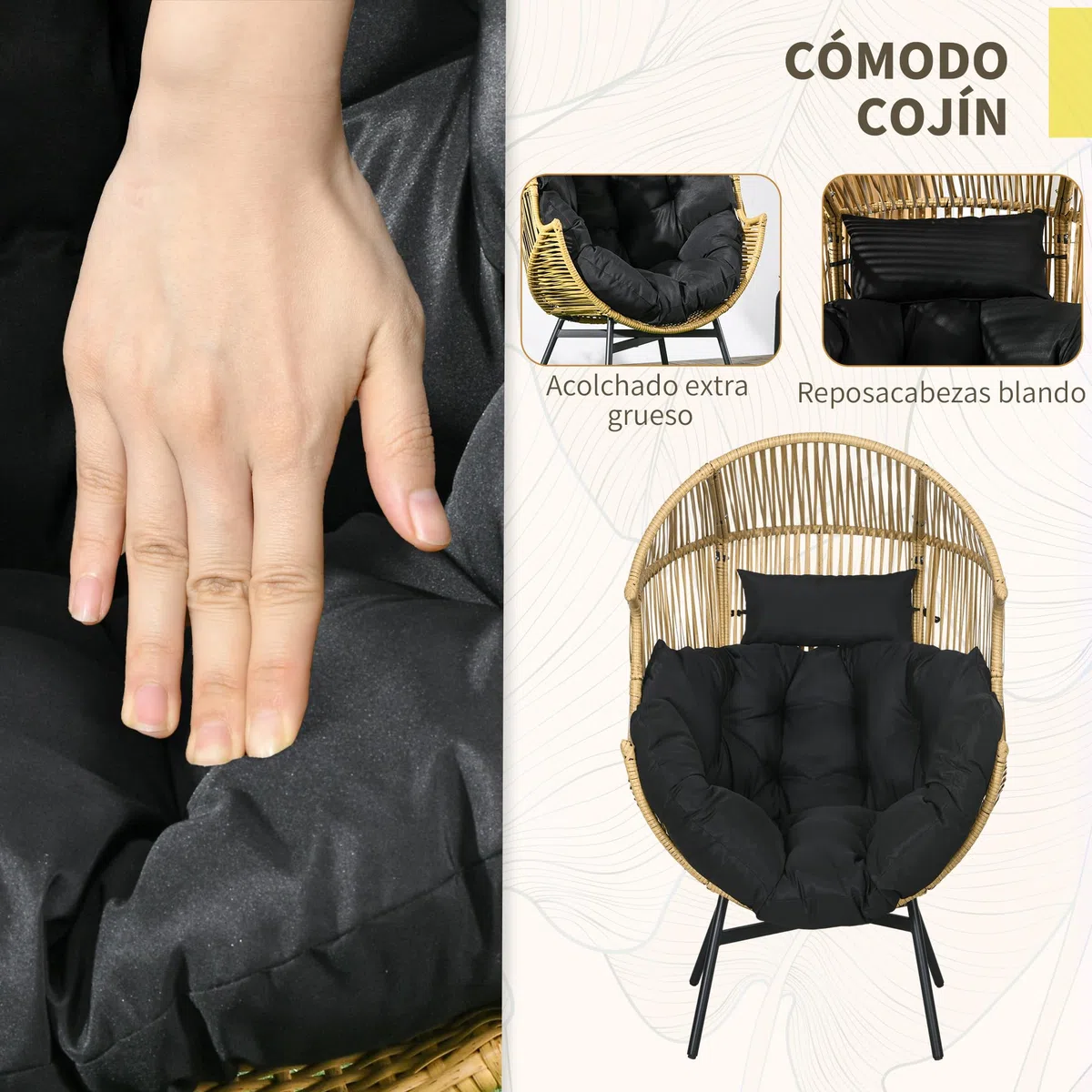 Outsunny Sillón de Ratán Sintético Silla de Terraza en Forma de Huevo con Reposacabezas Acolchado Cojín y Marco de Acero para Jardín Balcón 89x75x143 cm Arena y Negro