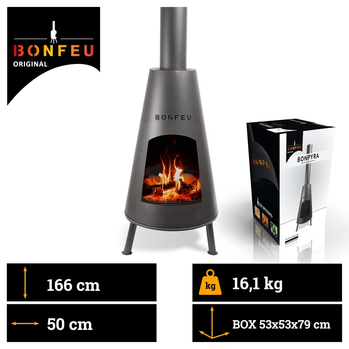 BonFeu BonPyra Negro - Brasero Exterior - Acero - Jardineria - Brasero - Jardin - Estufa Exterior - Chimeneas Exterior Chimenea de Jardín Multifuncional - 50x50x166 cm