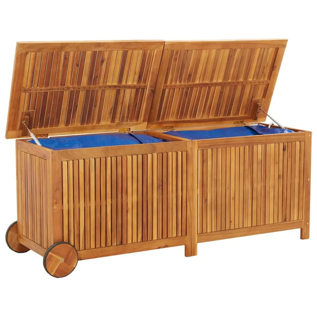 IKAYAA Baúl de Jardín de Madera de Acacia, Arcón Exterior, Caja de Almacenamiento con Bolsa Interior Resistente al Agua, Organizador Herramientas, 150 x 50 x 58 cm