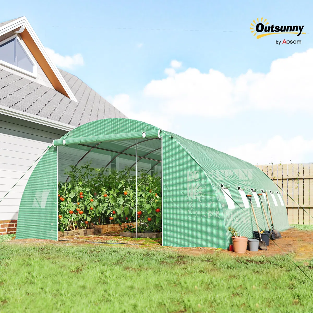 Outsunny Invernadero de Exterior 6x4x2 m, Invernadero de Túnel con 2 Varillas de Soporte, Puertas Enrollables, Ventanas de Malla, Cubierta PE y Marco de Acero Galvanizado, Anti-UV, Impermeable, Verde
