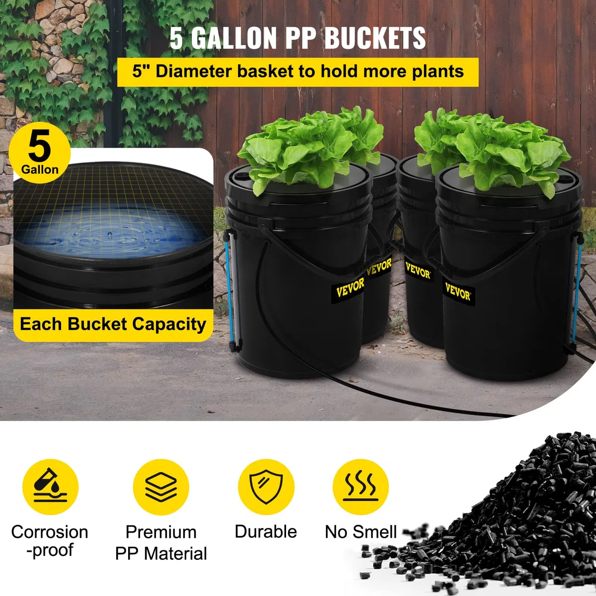 VEVOR DWC Sistema de Cultivo Hidropónico Kit de Cultivo de Agua Profunda de 20 L 4 Cubos con Bomba de Aire Piedras de Aire Dispositivo de Nivel de Agua Sistema Hidropónico DWC para Vegetales de Hoja