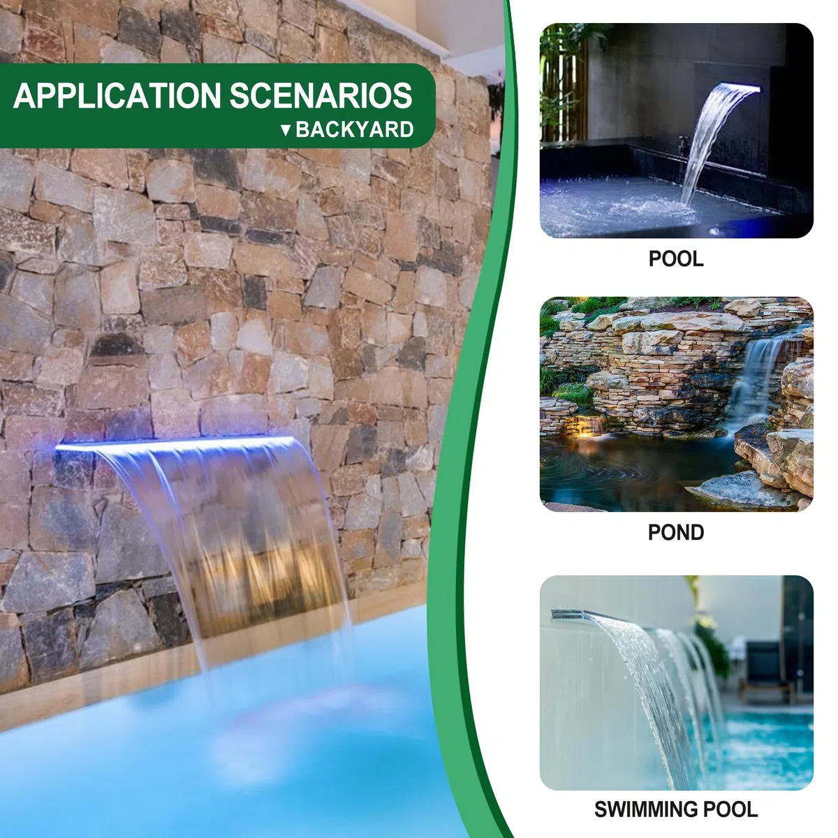 Kit de hojas de cascada para estanque, fuente de piscina acrílica de 30 cm con accesorios, ancho de 20 cm, cascada de cascada para jardín, patio, decoración de estanque